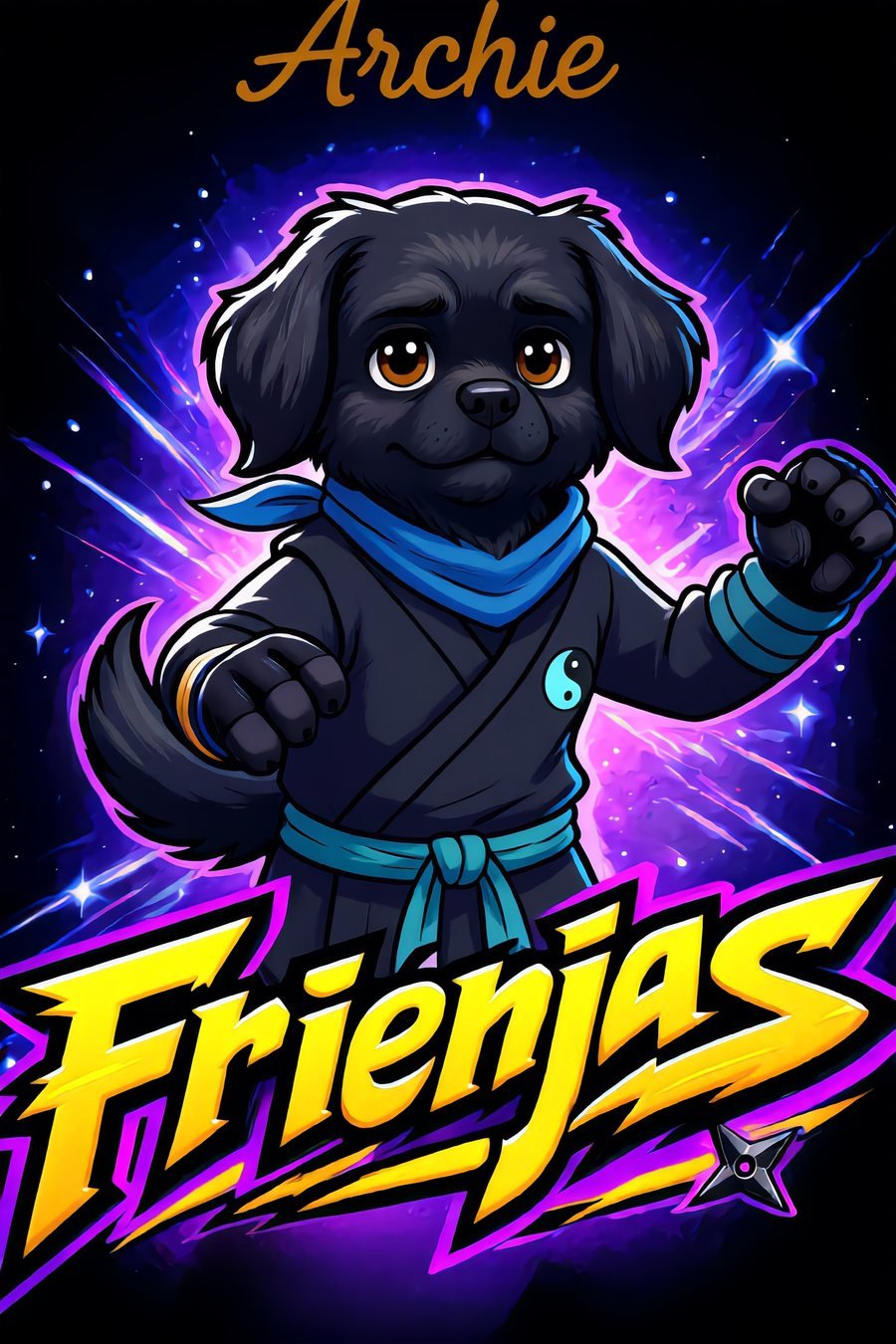 Archie, a black Tibetan Spaniel in a blue ninja scarf