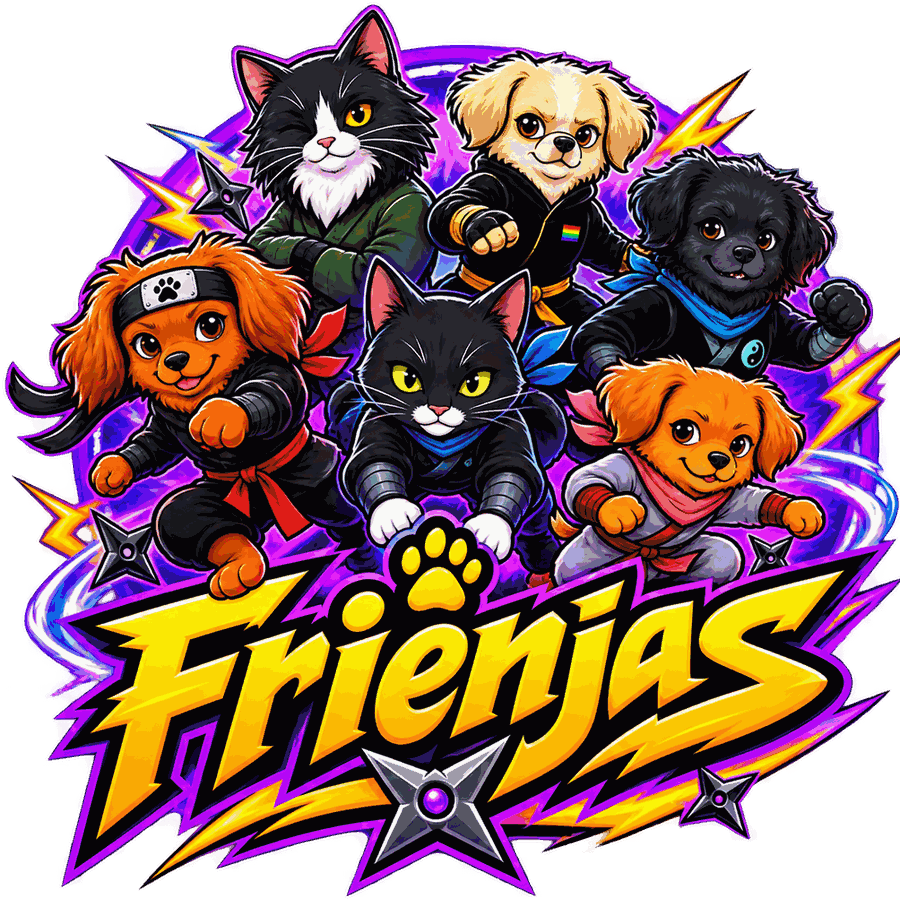 The Frienjas: six pet ninjas grouped around the Frienjas logo