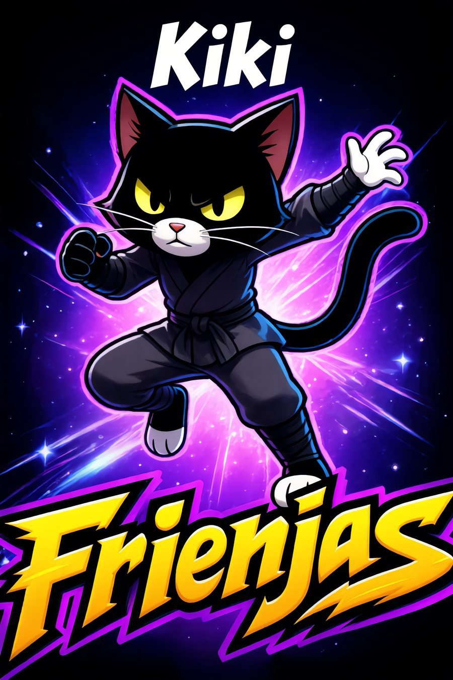 Kiki, a black cat with yellow eyes and white paws, mid-leap