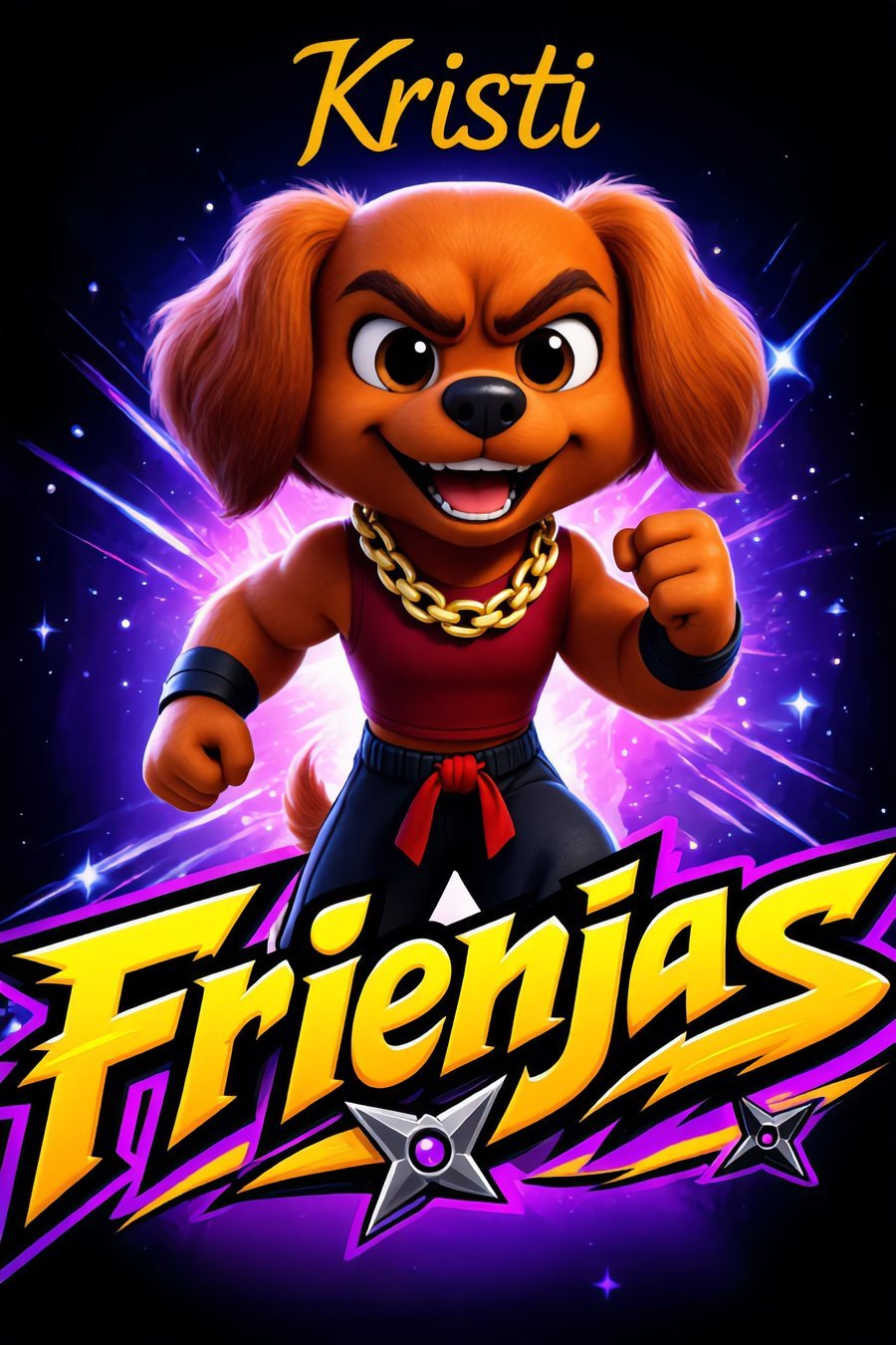 Kristi, an orange dog in a red top with a gold chain, fists raised