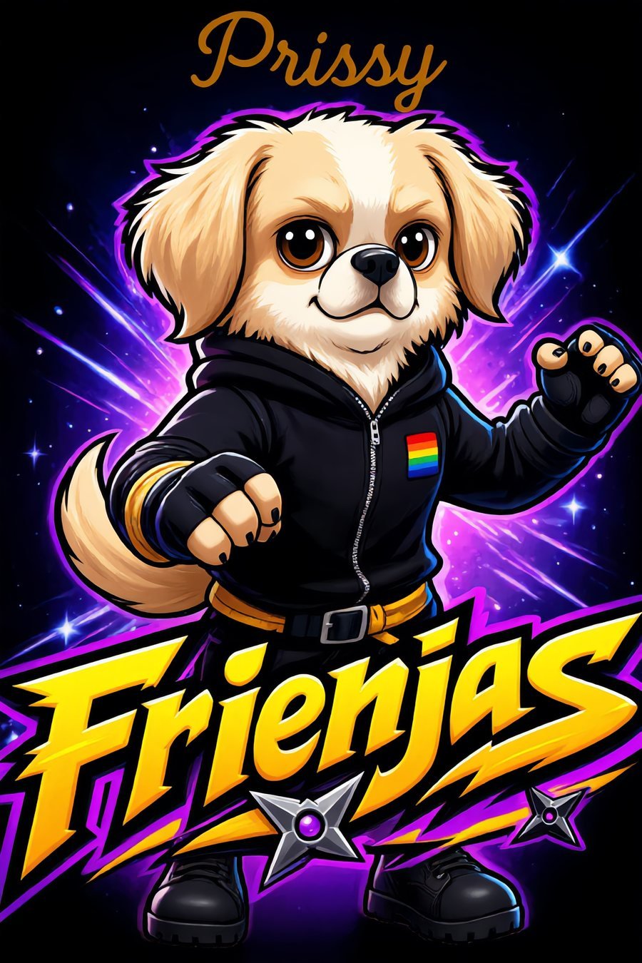 Prissy, a cream-colored Pekingese in a black ninja hoodie