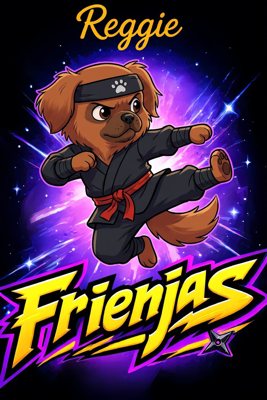 Reggie, a brown Pekingese mix in mid flying kick