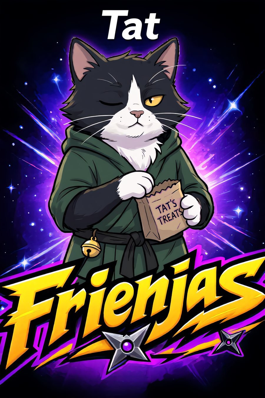 Tat, a tuxedo cat in a green robe holding a bag of treats